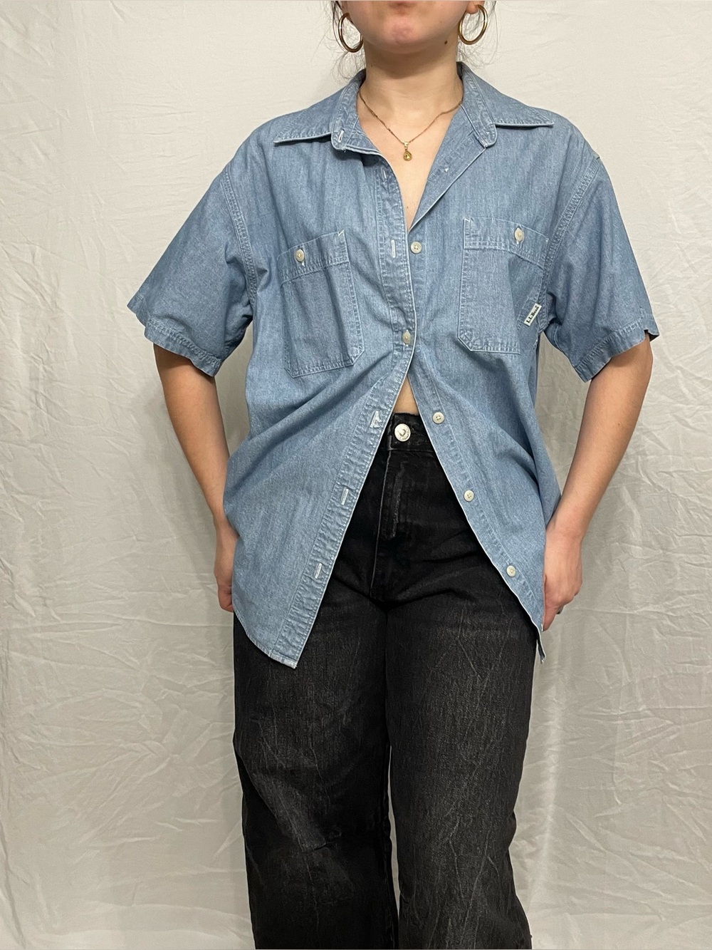 Vintage L.L. Bean Light Blue Denim Short-Sleeve Shirt Button-Up